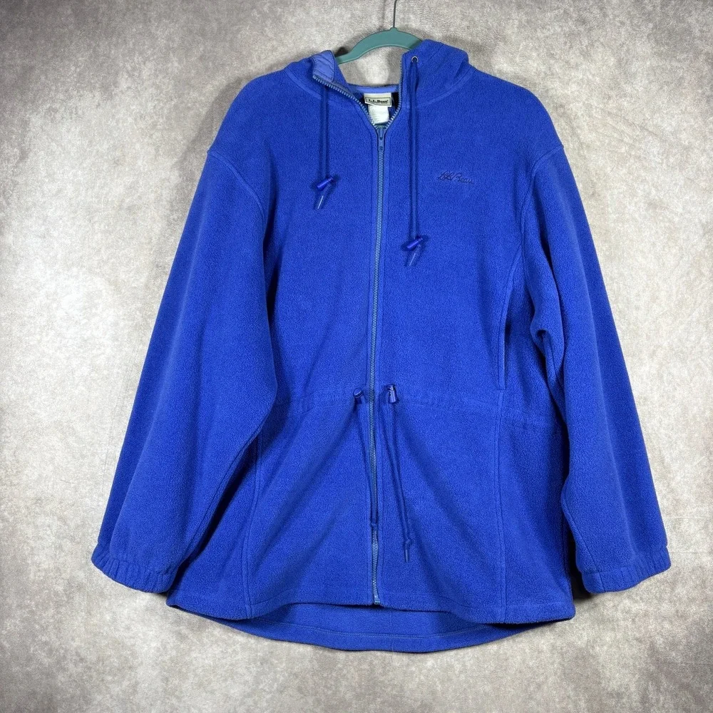 L.L. Bean Jacket Womens Large Blue Fleece Hoodie Full Zip Cinched Waist Outdoors